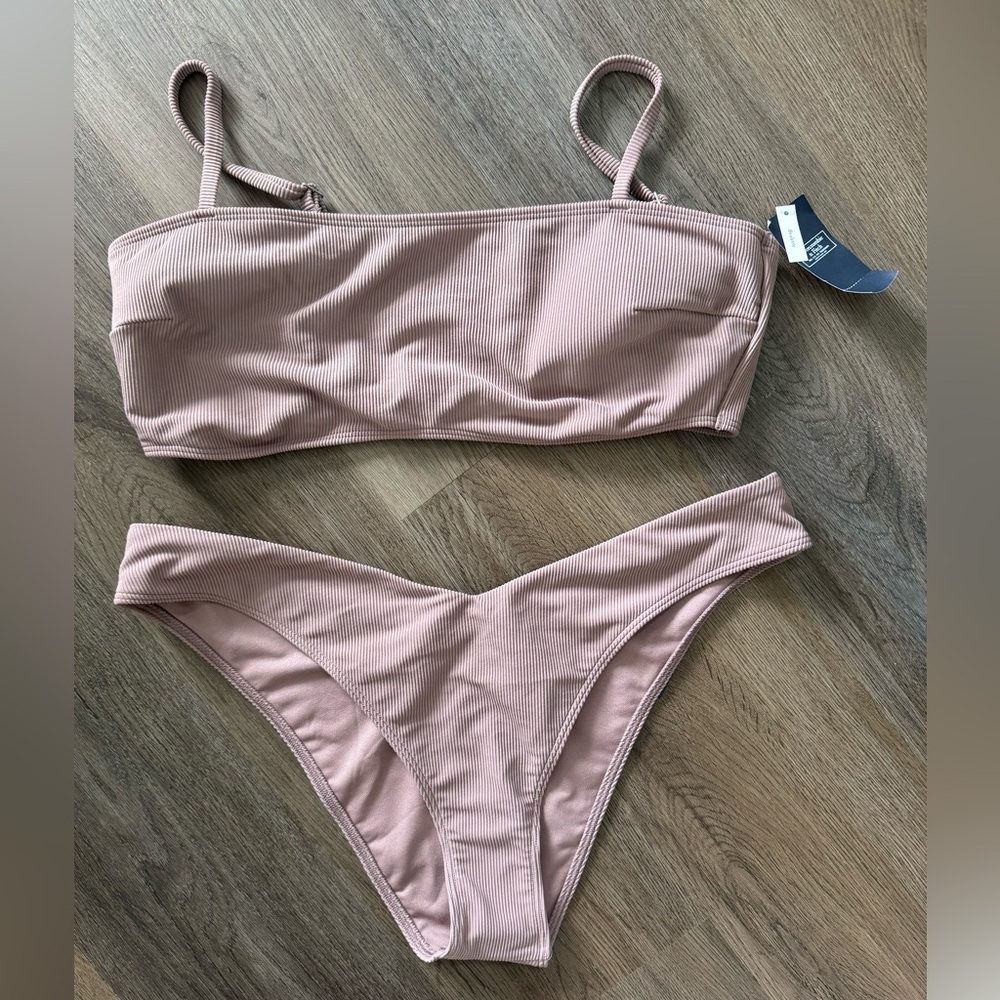 A&F Ribbed Bralette Bikini Top & High-Leg Cheeky Bottoms Mauve Color XL